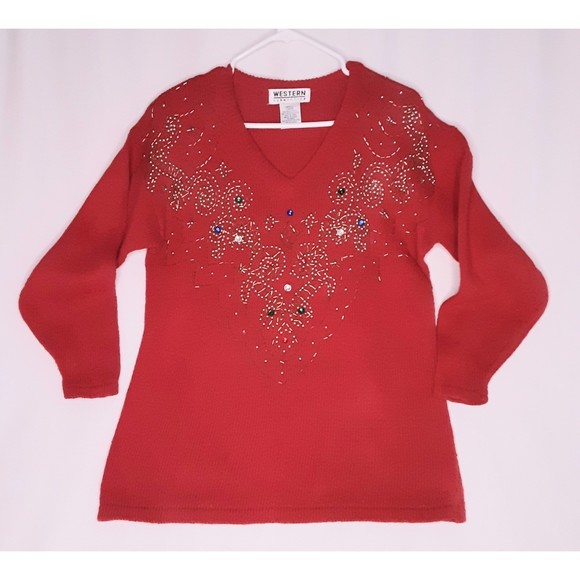 Western Connections Sweater Festive V-Neck Red With Beads Rhinestones Small - Picture 1 of 9